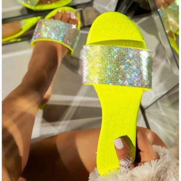 Shoes - Lime Embellished Snake Embossed Slides